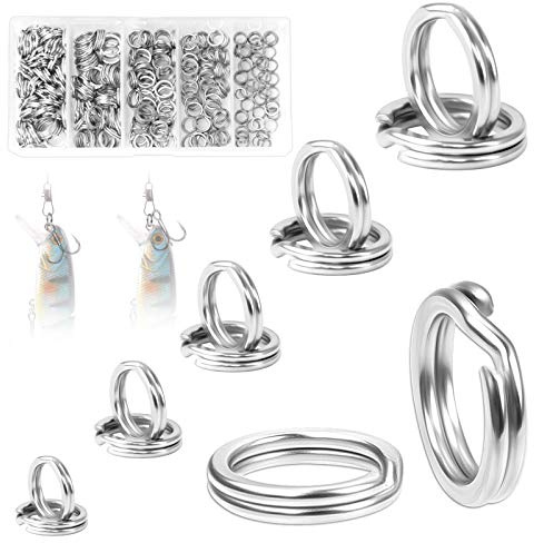 YUEYUAN 250 Pcs Stainless Steel Fishing Split Rings (5 Size) Fishing Tackle Ring, Fishing Double Ring Connector for Jigging Fishing Hooks Fishing Lures Tackle