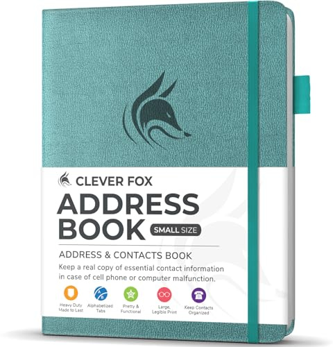 Clever Fox Adressbuch mit alphabetischen Registerkarten – Telefon- und Adressbuch aus PU-Leder, zur sicheren Aufbewahrung von Kontakten, Kontakt-Organizer, Tagebuch, kleine Größe (10,5 x 14 cm),