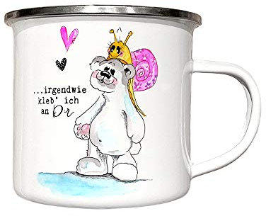 zAcheR-fineT-design Emaille Tasse Spruch LIEBE - Camping Becher Emailletasse EISBÄR & Schnecke - weiß mit Motiv - Kaffeetasse - Lustige Tasse für Kinder u Erwachsene Geschenk