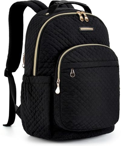 LIGHT FLIGHT Travel Laptop Backpack for Women, 15.6 Inch Laptop Backpack with USB Charging Hole Water Resistant Computer Backpack for Work, Quilted Black