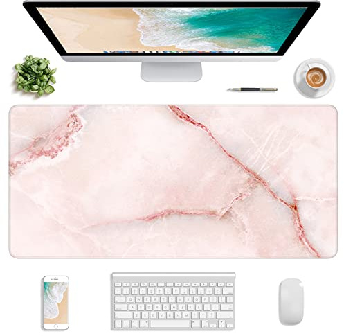 Atufsuat Extended Gaming Mouse Pad, XXL Large Mouse Mat 30 x 14 Inch, Big Computer Keyboard Mousepad, Waterproof Desk Pad with Stitched Edges and Non-Slip Base for Office Gaming, Light Pink Marble