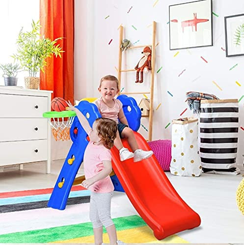 Willonin Kinderrutsche, Babyrutsche mit Basketballkorb aus Kunststoff (inkl. Basketballnetz), belastbar 50 kg 106 * 59 * 77cm rot und blau