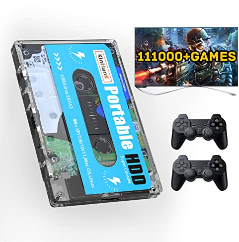 Kinhank 500G Portable External Game Hard Drive Disk, Built-in 111000+ Games, Batocera 33 Game System, Compatible with PS3/PS2/PSP/SEGA SETURN/DC, for Laptop/PC/Windows/Mac OS, 2 Gamepads (2 Gamepads)