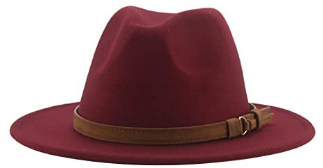 QBQZXAOSOWH Fedora Trilby Fedora-Hüte Für Damen Herren Breite Krempe Feste Damenhüte Bandgürtel Klassische Formelle Kleidung Khaki Schwarze Hüte 59–61 cm (XL) Weinrot