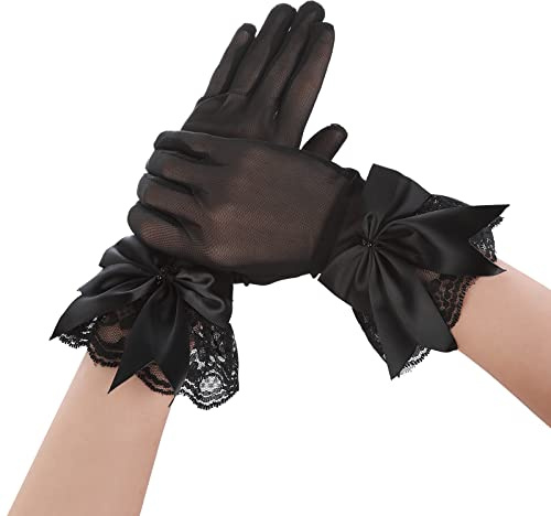 Yolev Damen Net Handschuhe mit Schleife Abgeschnitten Vintage Spitze Opern Handschuhe Stretch Braut Handschuhe für Hochzeit Party Teeparty Abschlussball Party