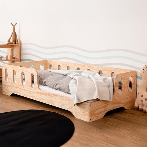 smartwood Bodenbett 90x200 cm mit Rausfallschutz, Holz, TILA 1P | Montessori Kinderbett, Lattenrost belastbar bis 230 kg, FSC-Zertifikat, abgerundete Kanten, Einfache Montage, ab 3 Jahren