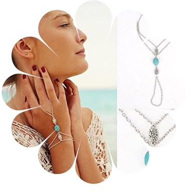 Allereya Vintage Layered Türkis Fingerring Armband Silber Slave Armband Hohle Blume Armband Blauer Stein Handkette Armband Schmuck für Frauen und Mädchen