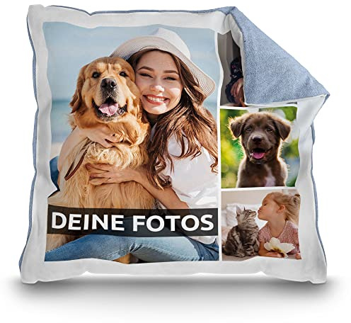 Print Royal Kissen mit Fotocollage selbst gestalten - mit 4 Fotos Personalisieren - Geschenk für Freunde und Familie | Rückseite Pastellblau, inkl. Kissenfüllung, 40x40cm