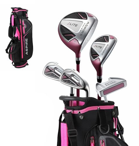 Aspire X-Lite Super Performance Junior Golf Club Set - Right-Handed Kids Golf Set with Driver, Hybrid, 7 Iron, Putter, Stand Bag & Headcovers - Pink Ages 6-8