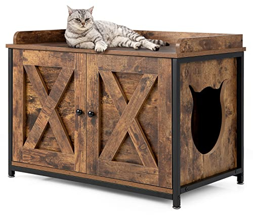 GOPLUS 2 in 1 Katzenschrank, Katzenklo mit Doppeltüren, verstellbaren Füße und Katzenlöchern, versteckte Katzentoilette, Beistelltisch für Wohnzimmer, Schlafzimmer & Balkon