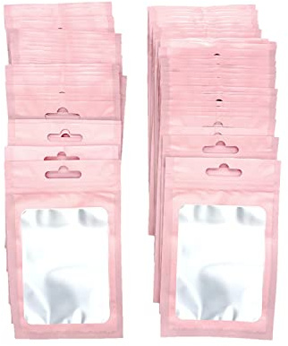 JZK 100 x Pink resealable ziplock bags, mylar ziplock foil bag with clear window for food coffee beans jewellery beads sweets storage, 8 x 13cm
