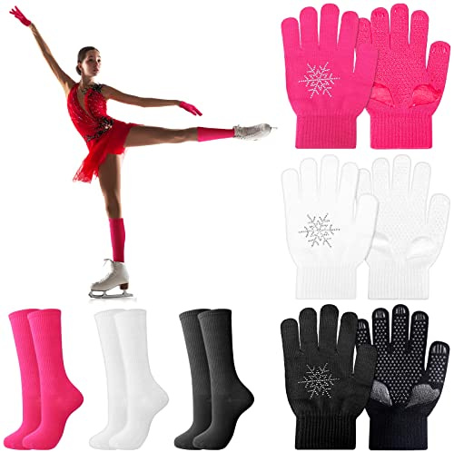 Hicarer 6 Pairs Figure Skating Gloves Socks Set Ice Skating Socks Warm Winter Anti Slip Gloves for Practice Competition(Black, White, Pink)
