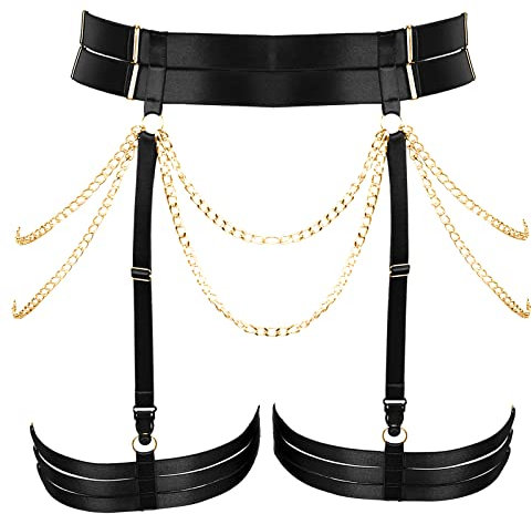 Punk Hüften Harness Taille Bein käfigbetten Geschirr Gotisch Oberschenkel Strumpfhalter Gürtel für Damen Rave Body Körperschmuck Clubwear Mode Belly Belts Outfit (Schwarzes Gold P123)