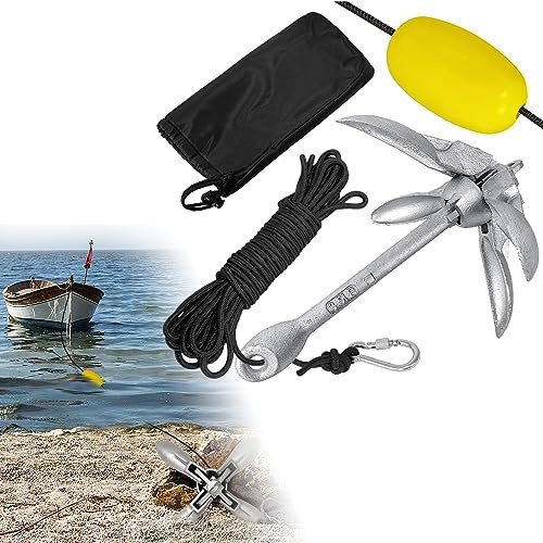 YX 1,5 kg galvaniserat båtankare, hopfällbart ankare, ankarset, båt ankarset med ankarlina, karbinhake, ankarboj och transportväska för båt, gummibåt, SUP, kajak, kanot
