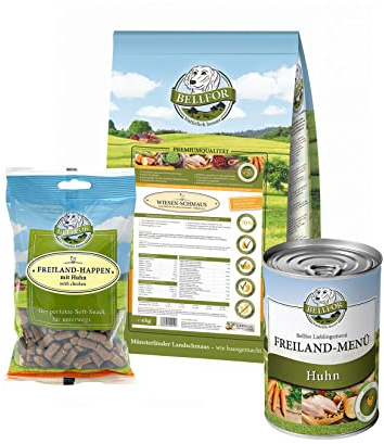 Bellfor Futter-Set für Labradore Wiesen-Schmaus Kaltgepresstes Trockenfutter mit Huhn 4 kg, Freiland-Menü Nass mit Huhn 400 g, Freiland-Happen Soft-Snack 200 g Hochwertiges und getreidefreies Futter