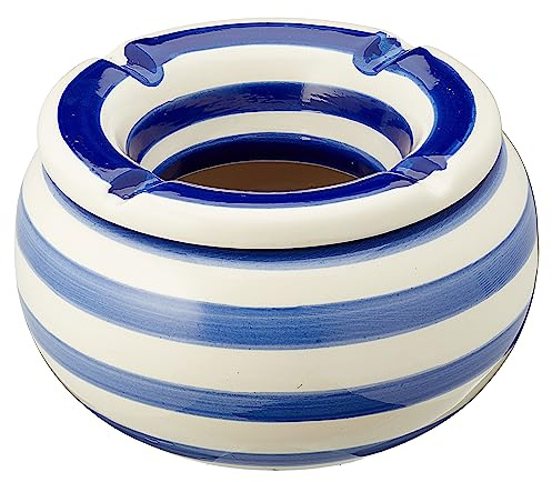 Sturmaschenbecher │Ø 13,5 cm grau weiß gestreift │Windaschenbecher mit Deckel (1 x Sturmaschenbecher blau 13,5cm)
