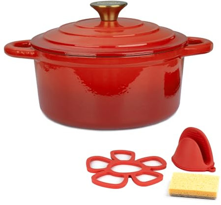 Parmedu Casseruola in Ghisa Smaltata 2,5L: Robusta Pentola Olandese con Coperchio e Manici Rosso, Accessori in Silicone e Spugna, Ideale per Brasare, Cuocere a Vapore, Arrostire e Cuocere al Forno