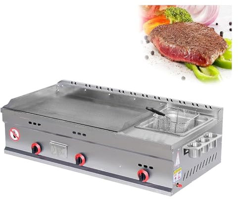 YOtat Commercial Countertop Gas Griddle, Stainless Steel Cooking Flat Hotplate BBQ Grill with Adjustable Temperature, Large Capacity Teppanyaki and Deep Fat Fryer, Kitchen LPG Gas Grill