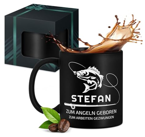 Maverton schwarzer Keramikbecher 330ml mit Gravur, Kaffeetasse mit Henkel | personalisierter Keramikbecher für Männer zum Geburtstag zu Weihnachten, matt schwarz, Innen schwarz, Angeln