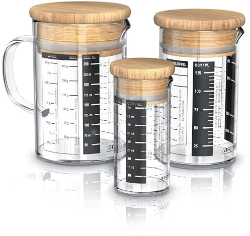 Arendo - Messbecher Set aus Glas - Größen 250ml, 125ml, 50ml (0,25l 0,125l 0,05l), Messkrug Glas Krug, Borosilikatglas, präzise Skala, hitzebeständig, Glasbehälter mit Bambusdeckel, Silikondichtung