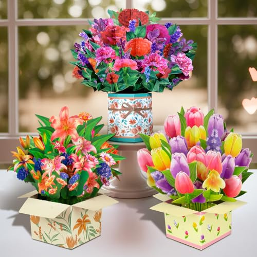 Magic Ants Flower Paper Pop Up Cards - Lily+Tulip+Carnation - Mother's Day, Birthday, Thank You Greeting Cards for Mom - 3D Popup Flower Bouquet Design - Includes Envelop