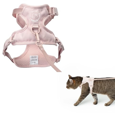 LucyBalu X Hello Kitty EXPLORER Kattsele med koppel | okrossbar kattsele med AirTag fack | Kattbröstsele med kattkoppel | säkerhetssele med koppel för katter | rosa XS/S