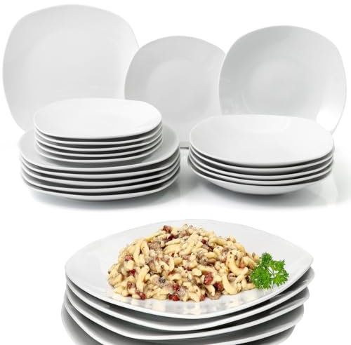 Shally Dogan Servicio de platos de servir de 18 piezas de porcelana de mesa para 6 personas, juego compuesto por 6 platos llanos, 6 hondos, 6 dulces y frutas, diseño moderno liso (blanco cuadrado)