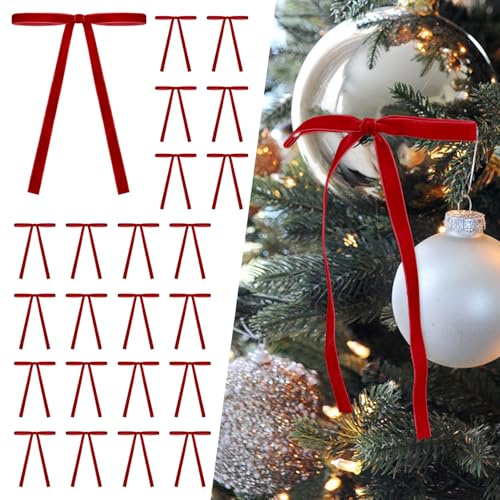 SIMISI RIBBON 24Pcs Red Christmas Velvet Ribbon Bows Decorations Xmas Ornaments Vintage Decor for Tree, Wreath, Garland (3/8'' Width, 5 * 7 inch)