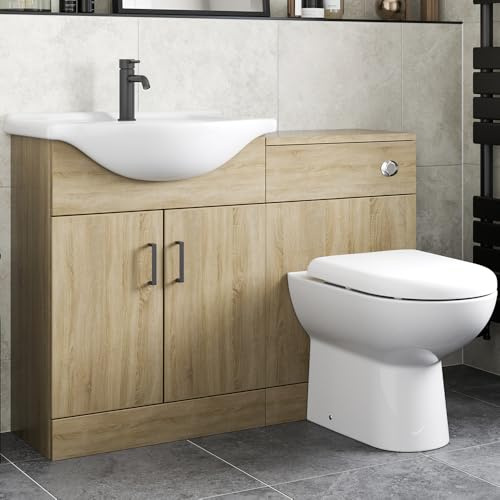 Affine® 1150mm Bathroom Furniture Combination Set with Vanity Unit Wash Basin Storage Cabinet, WC Toilet Back to Wall Units, Pan & Cistern Pack, Soft Close, Oak Effect