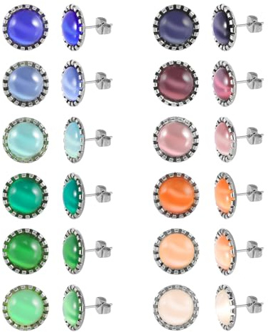 JMFENFA 12 paires de clous d'oreilles avec pierres précieuses aux yeux de chat multicolores, plaqué or 18 carats, acier chirurgical - Ensemble de clous d'oreilles multicolores pour femmes, 6mm, Acier