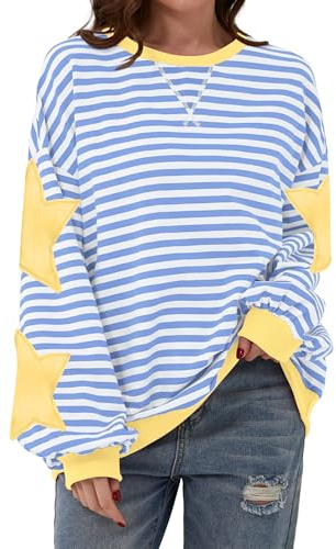 TERIVEEK Överdimensionerad randig tröja för kvinnor med stjärnmönster, långärmad, rund hals, sweatshirt, avslappnad, löst sittande pullover, Y2K-topp, M