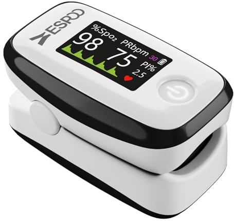ESPOO Pulse Oximeter with 20 Memory, Oxygen Monitor Fingertip 4 Color TFT Display(SPO2), Alarm & Brightness Adjustable, Batteries & Lanyard Include(White&Black)