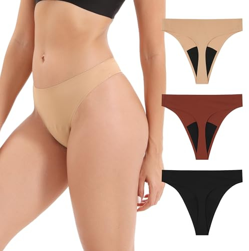 INNERSY periodiska underkläder sträng lätt blödning sömlös tanga 3-pack, Svart/vinröd/khaki, XL