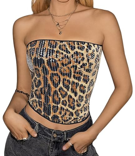 Naimo Damen Glitzer Pailletten Crop Top Ärmellos Schulterfreies Top Sexy Trägerlos Tube Top Leopard Bandeau Oberteil