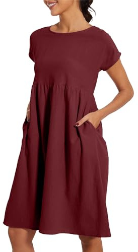 Surttan Sommerkleid Damen Leicht Und Luftig Leinenkleid Kurzarm Strandkleid Rundhalsausschnitt Freizeitkleid Mit Taschen Musselin Kleid Midikleid Einfarbig Große Größen S-5XL