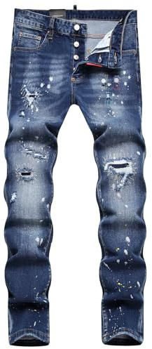 Kdtoll Pantalones vaqueros de hombre Slim Fit rasgados - Pantalones casuales elásticos con salpicaduras de tinta, diseño Streetwear Y2K, estilo Hip-Hop Casual para Outfit de moda