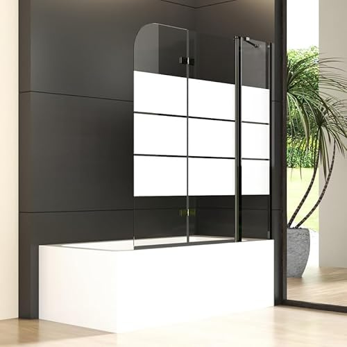 Duschwand für Badewanne 150x140cm 3-teilig Faltbar Schwarz Duschabtrennung mit festem Segment, Goezes Gestreift Badewannenaufsatz Duschtrennwand mit 6mm ESG Sicherheitsglas, 150cm Badewannenwand