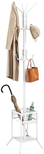 ELYKEN Porte Manteau sur Pied Perroquet, Métal avec Porte-Parapluie Intégré, Portemanteau d'Entrée Stable et Moderne avec 12 Crochets pour Vêtements, Sacs, Chapeaux, Carré - Blanc