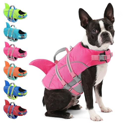 AOFITEE Small Dog Life Jacket, Shark Life Jackets for Swimming Boating, Reflective Dog Swimming Vest with High Buoyancy, Pet Life Preserver with Handle for French Bulldog, Pet Lifesaver (Hot Pink S)