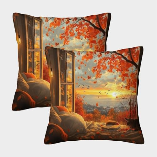 kaiyun 2er-Pack 40x40cm Herbst Deko-Kissenbezug Fenster Mit Muster Passend Für Sofa Wohnzimmer Balkon Garten Auto