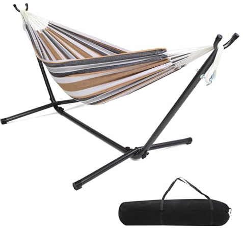 LEADZM Hängematte mit Gestell, Gestell aus Metall, bis 250 kg belastbar, 305x109x104 cm, auf 6 Verschiedene Höhen verstellbar, Braun