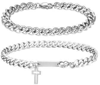 PiercingJak Kreuz Armband Herren Silber set, 2-teiliges Kettenarmband für Männer Panzerkette Kubanische Armbänder Edelstahl Armkette Charms Schmuck Geburtstag Geschenk für Mann Junge
