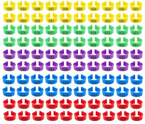 Fußringe für Hühner, Ø 20mm | 100 Stück 5 Farben, mit 1-100 Nummeriert, Wiederverwendbare, zur Einfachen Tierkennzeichnung