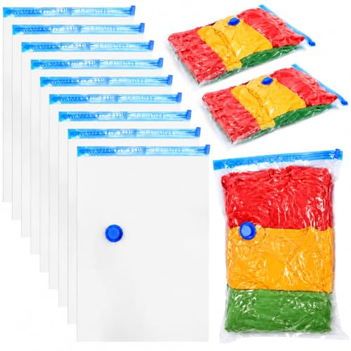 10-Pack Vacuum Storage Bags 40x60cm - Space Saver for Clothes, Quilts, Pillows & Blankets, Transparent Blue Airtight Seal (Reusable & Heavy-Duty)