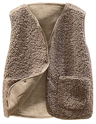 Generisch Teddy Fleece Weste Damen Fleecejacke V-Ausschnitt Knöpfen Teddyfleece Ärmellos Jacke Kurz Winter Warm Teddyweste Outdoor Winterjacke Plüschweste Übergangsjacke Pelzjacke