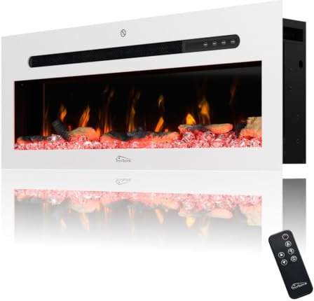Tronitechnik® Wandkamin elektrisch, Panorama Elektrokamin mit LED Flammeneffekt dimmbar inkl. Kristalle, Elektroheizung 900/1800W, App-Steuerung & Fernbedienung, Timer, weiß