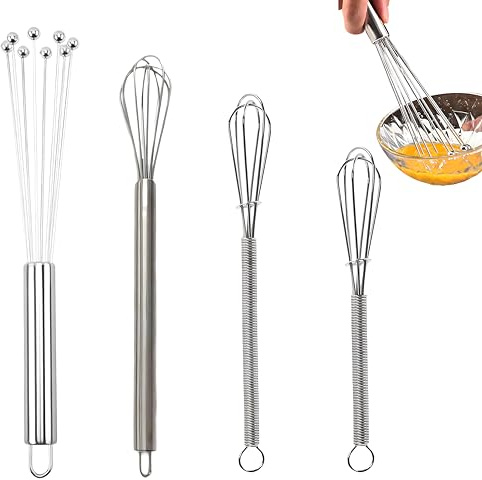 Lot de 4 ustensiles de cuisine en acier inoxydable - Fouet en acier inoxydable et fouet petit en différentes tailles - Mini batteur à whisky pour œufs, pâte, beurre et crème