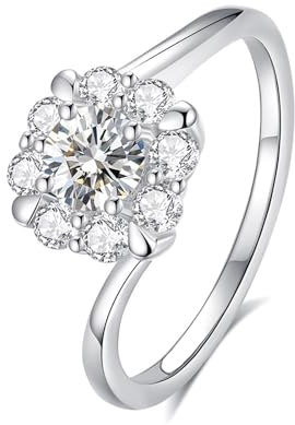 Mesnt Ring Weißgold Damen, Damen 9 Karat Weißgold Ring mit gedrehter Blume und rundem Moissanit von 0,5 ct, Größe 63 (20.1)