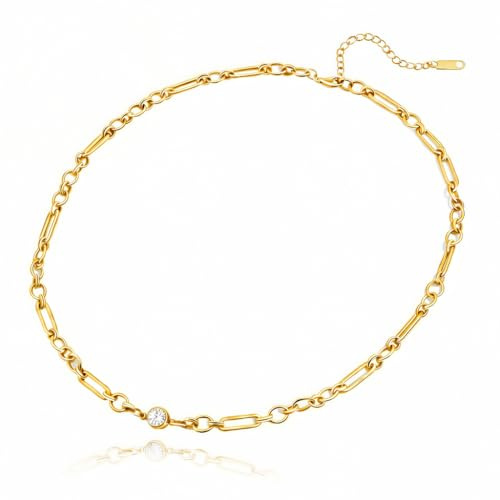 Generico Collana Donna a Catena in Acciaio Inossidabile Oro – Catena a Maglie Stile Paperclip con Zircone, Waterproof e Ipoallergenica