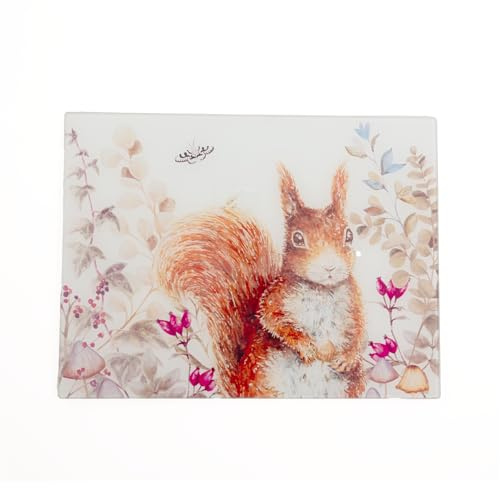 Maison & White Woodland Glade Glass Worktop Saver | M&W | Cutting Board with Rubber Feet | Squirrel & Floral | Kitchen Mat